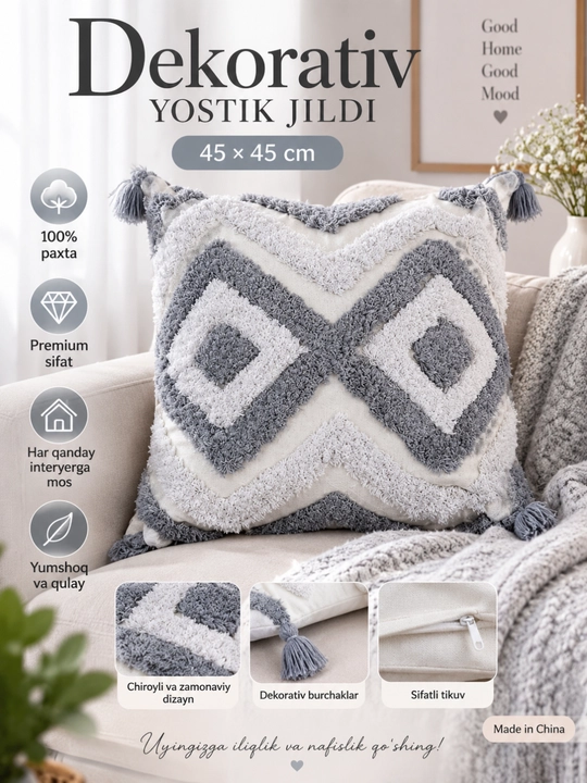 Bezakli yostiq jild, 45x45 o‘lchamli yostiq, yumshoq yostiq jild, bezak, divan, interyer - 