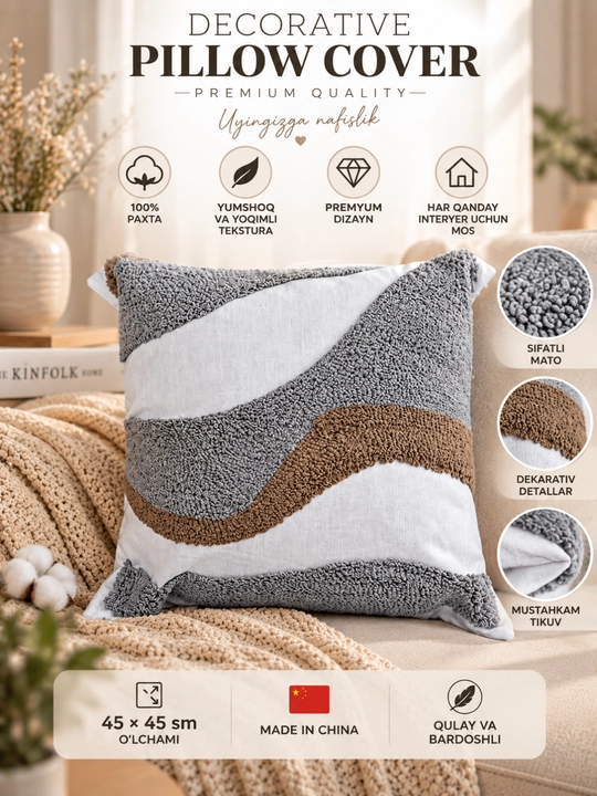 Bezakli yostiq jild, 45x45 o‘lchamli yostiq, yumshoq yostiq jild, bezak, divan, interyer - 