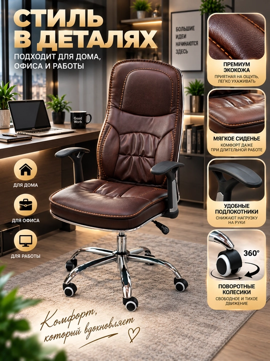 Ofis kreslosi, baland suyanchiqli g‘ildirakli stul, jigarrang, 125×64×64 sm