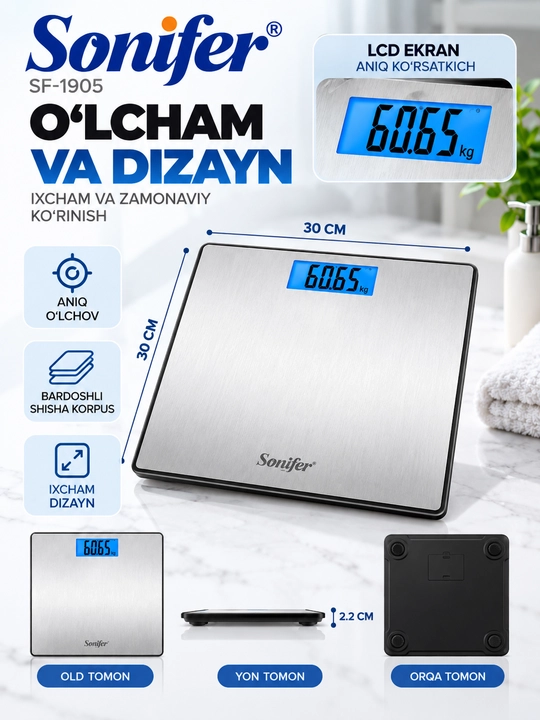 Elektron tarozi Sonifer, 180 kg gacha, LCD displeyli, uy uchun