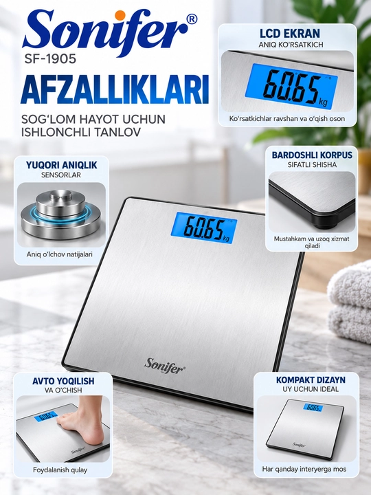 Elektron tarozi Sonifer, 180 kg gacha, LCD displeyli, uy uchun