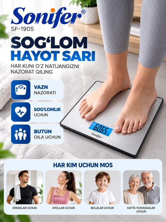 Elektron tarozi Sonifer, 180 kg gacha, LCD displeyli, uy uchun