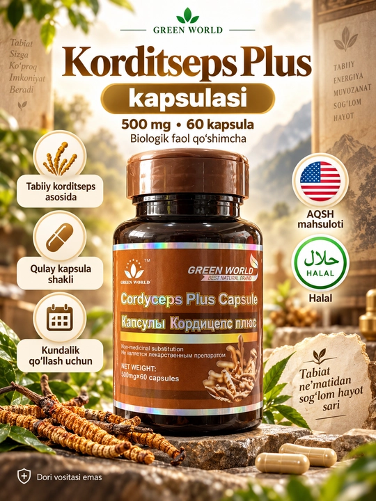 Green World Cordyceps Plus Кордицепс 500 мг, 60 капсул, биологически активная добавка