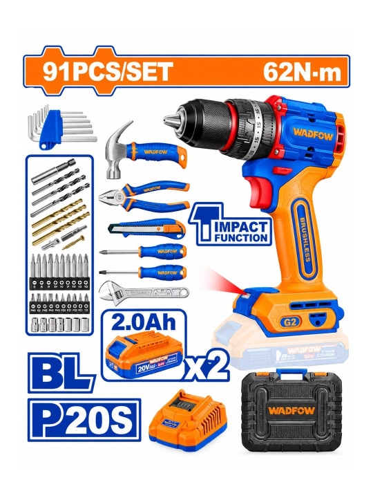 WADFOW WDT4B91 – 91 Dona Asboblar To‘plami, 20V Brushless Zarbli Drel - 