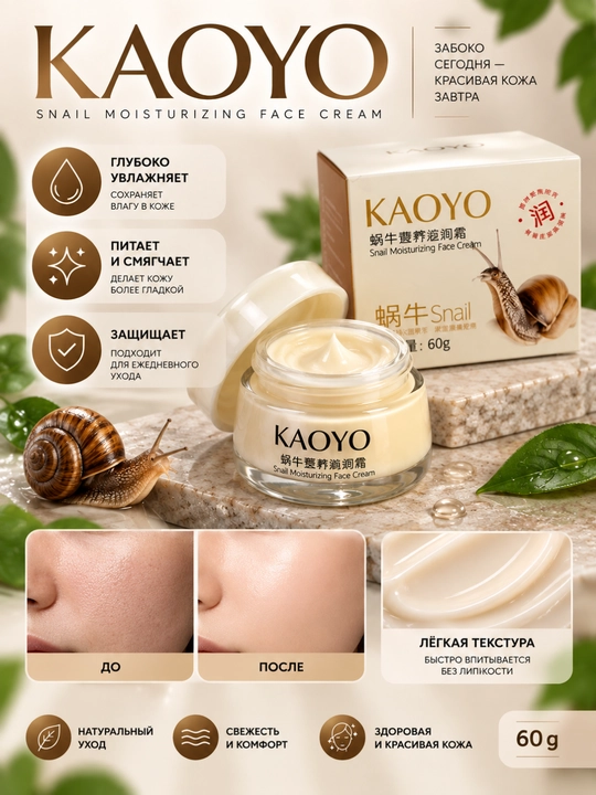 KAOYO SNAIL MOISTURIZING FACE CREAM — Увлажняющий крем для лица с муцином улитки, 60 г