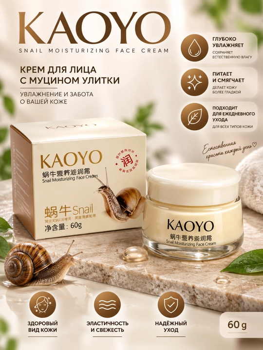 KAOYO SNAIL MOISTURIZING FACE CREAM — Yuz uchun chig‘anoq mutsinli namlantiruvchi krem, 60 g - 
