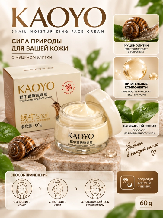 KAOYO SNAIL MOISTURIZING FACE CREAM — Увлажняющий крем для лица с муцином улитки, 60 г