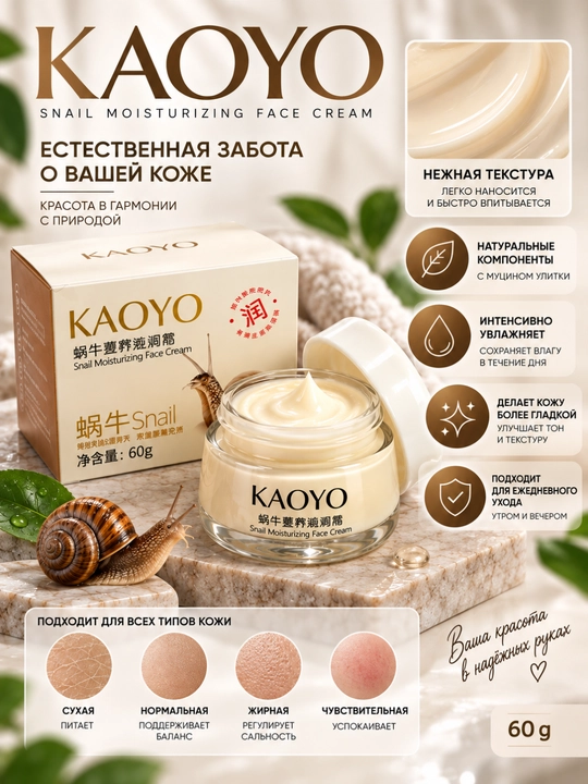 KAOYO SNAIL MOISTURIZING FACE CREAM — Увлажняющий крем для лица с муцином улитки, 60 г