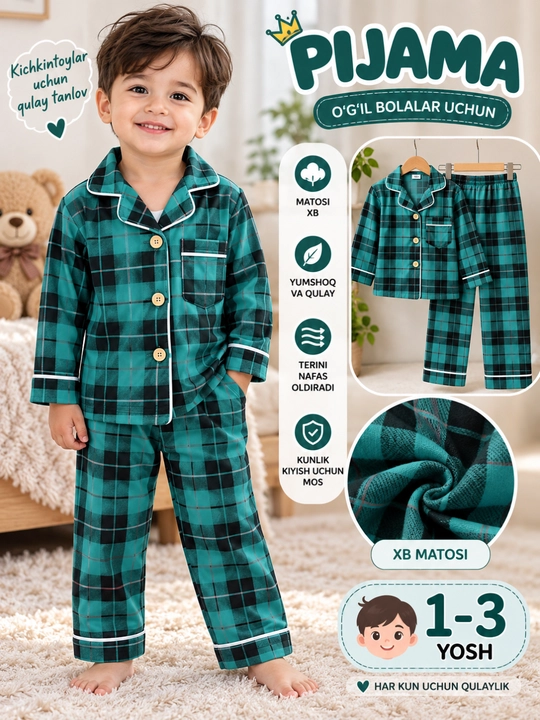 Bolalar pijamasi 1–3 yosh, qiz va o‘g‘il bolalar uchun yumshoq XB mato - 