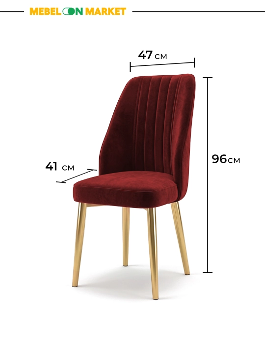 6 ta stulli ovqatlanish stoli, 150x85 sm o‘lchamli marmar shishali stol, duxoba stullar, oltin oyoqchalar