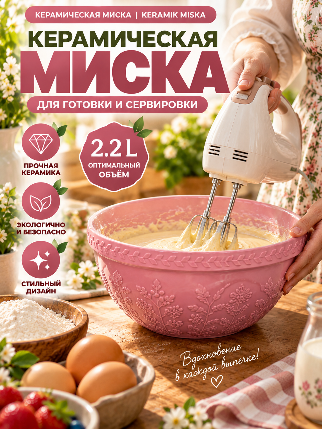 Набор Керамических Мисок 4 Шт, 1,5–4 Л, Для Теста и Салатов