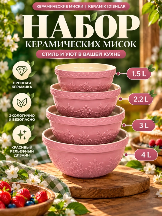 Набор Керамических Мисок 4 Шт, 1,5–4 Л, Для Теста и Салатов