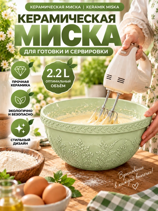 Набор Керамических Мисок 4 Шт, 1,5–4 Л, Для Теста и Салатов