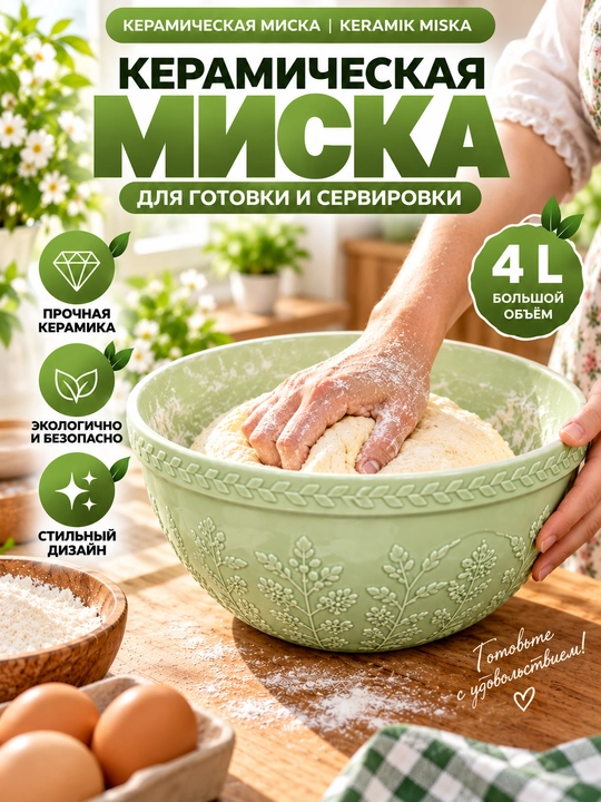 Набор Керамических Мисок 4 Шт, 1,5–4 Л, Для Теста и Салатов