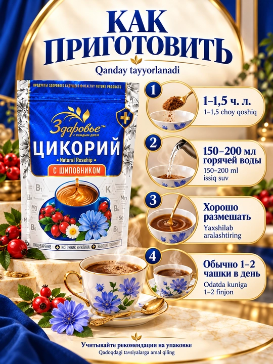 Цикорий Здоровье растворимый с инулином, без кофеина, 7 вкусов на выбор