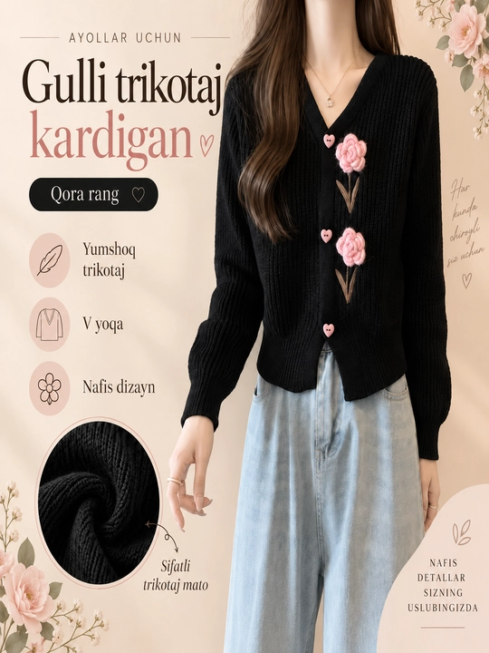 Ayollar uchun trikotaj kardigan, pushti gullar va yurakcha tugmalar bilan - 