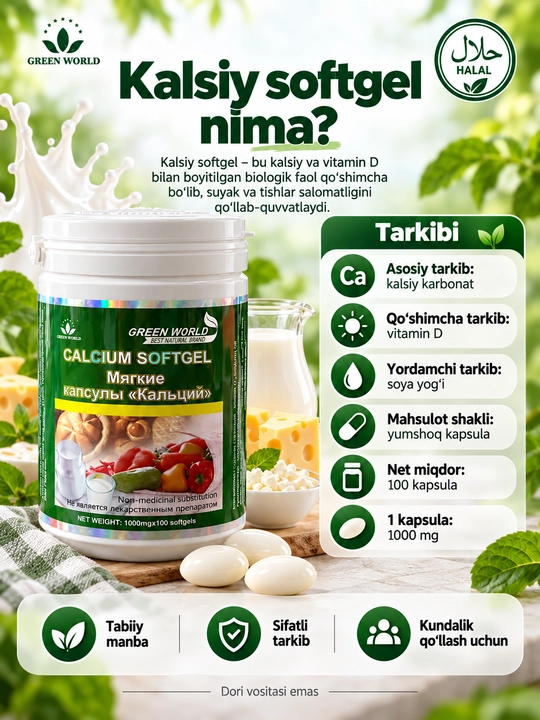 Green World Calcium Softgel, kalsiy va vitamin D, 1000 mg, 100 yumshoq kapsula