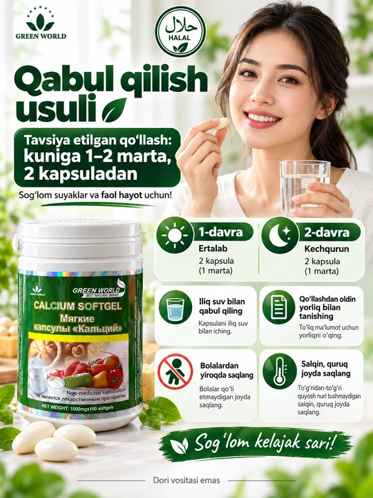 Green World Calcium Softgel, kalsiy va vitamin D, 1000 mg, 100 yumshoq kapsula
