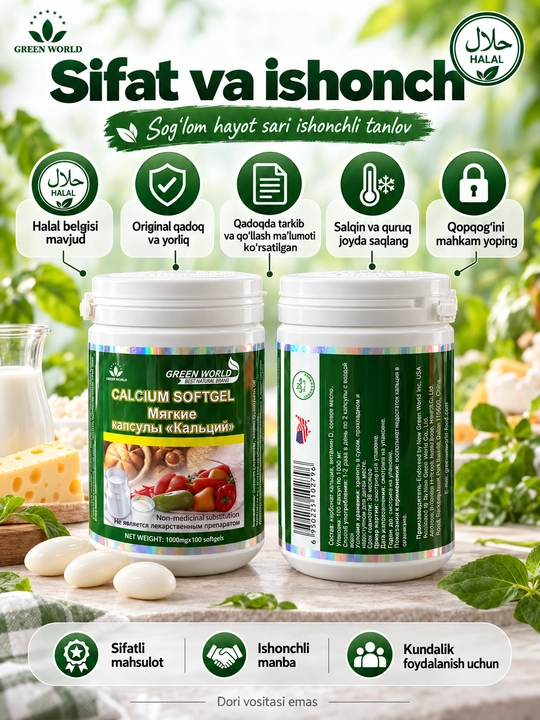 Green World Calcium Softgel, kalsiy va vitamin D, 1000 mg, 100 yumshoq kapsula