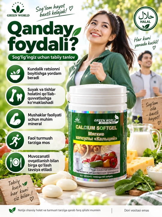 Green World Calcium Softgel, kalsiy va vitamin D, 1000 mg, 100 yumshoq kapsula