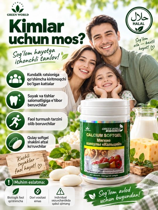 Green World Calcium Softgel, kalsiy va vitamin D, 1000 mg, 100 yumshoq kapsula