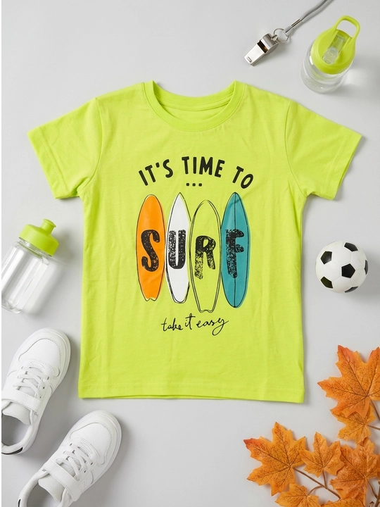 Bolalar futbolkasi o'g'il bola uchun paxta, och yashil yorqin, SURF printli, BLAST KIDS