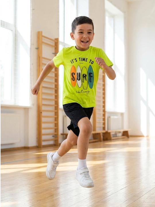 Bolalar futbolkasi o'g'il bola uchun paxta, och yashil yorqin, SURF printli, BLAST KIDS