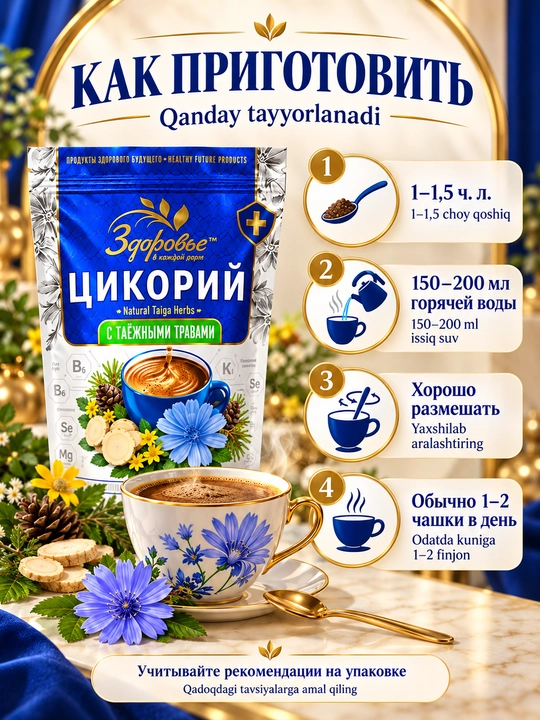 Цикорий Здоровье растворимый с инулином, без кофеина, 7 вкусов на выбор
