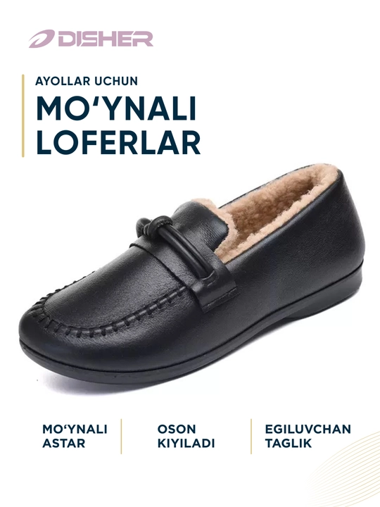 DISHER RubyWarm ayollar issiq loferlari, mo‘ynali, ayollar oyoq kiyimlari, 36–41 o‘lcham