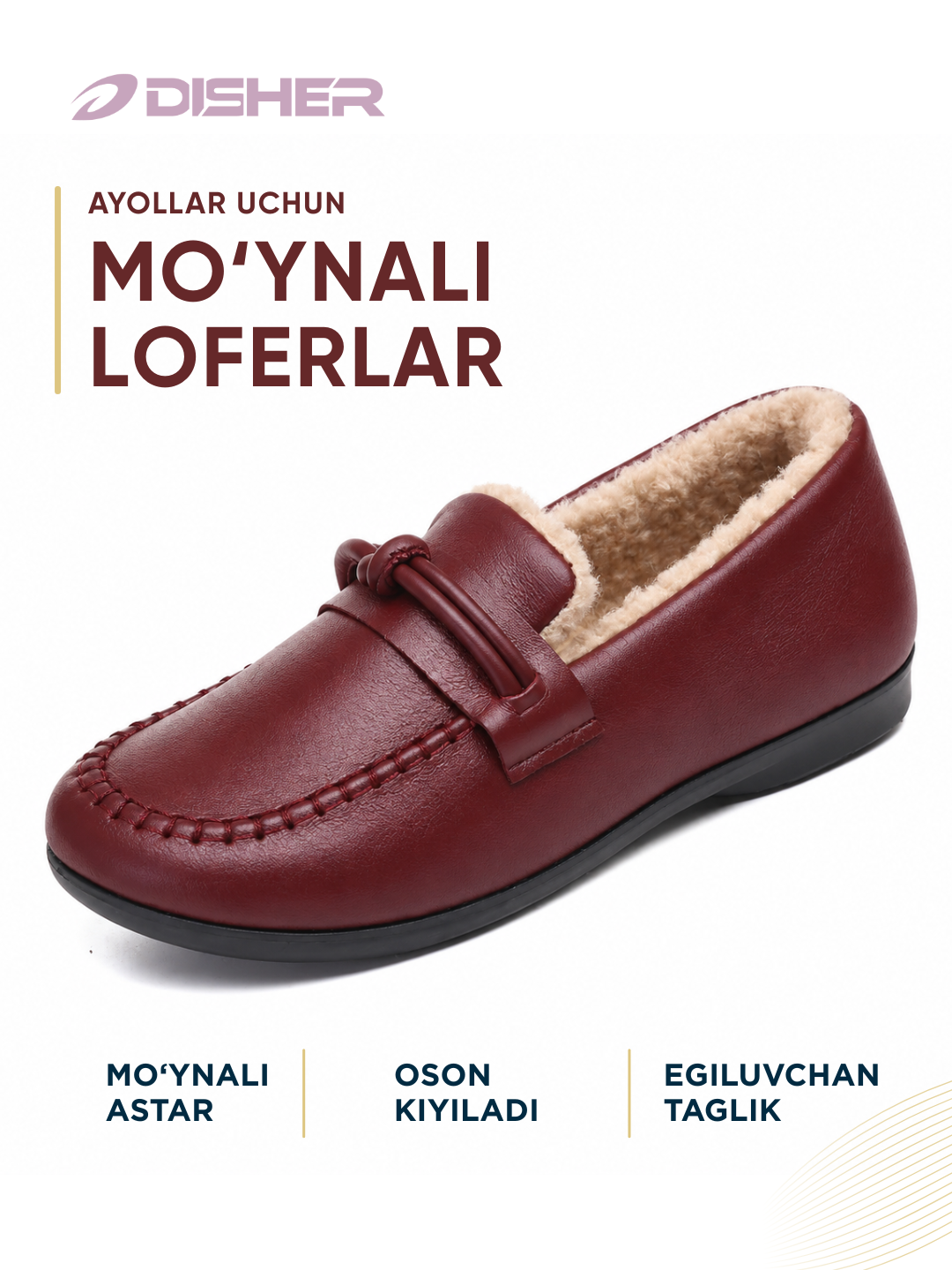 DISHER RubyWarm ayollar issiq loferlari, mo‘ynali, ayollar oyoq kiyimlari, 36–41 o‘lcham