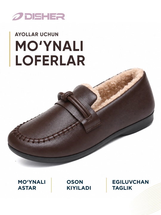 DISHER RubyWarm ayollar issiq loferlari, mo‘ynali, ayollar oyoq kiyimlari, 36–41 o‘lcham