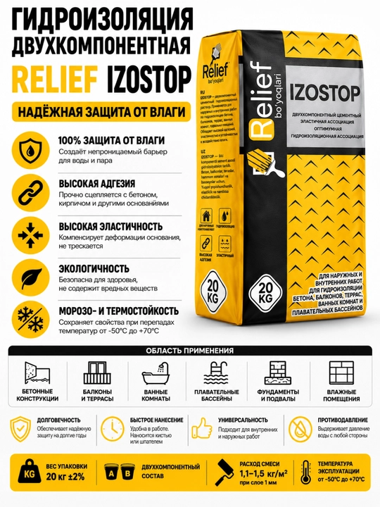 Relief IZOSTOP ikki komponentli sement asosidagi elastik gidroizolyatsiya aralashmasi, 20 kg - 