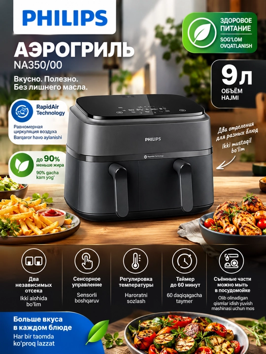 Philips NA350/00 Аэрогриль 9 л, 2750 Вт, сенсорное управление - 
