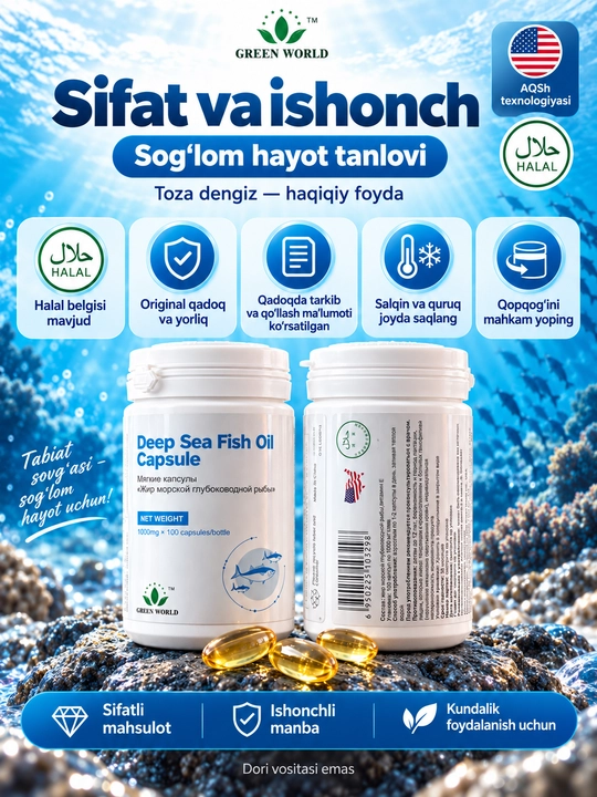 Omega-3 Green World Deep Sea Fish Oil, 1000 mg, 100 kapsula, EPA 360 mg, DHA 240 mg, vitamin E