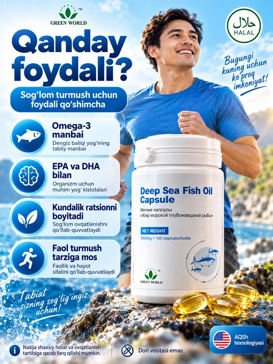 Omega-3 Green World Deep Sea Fish Oil, 1000 mg, 100 kapsula, EPA 360 mg, DHA 240 mg, vitamin E