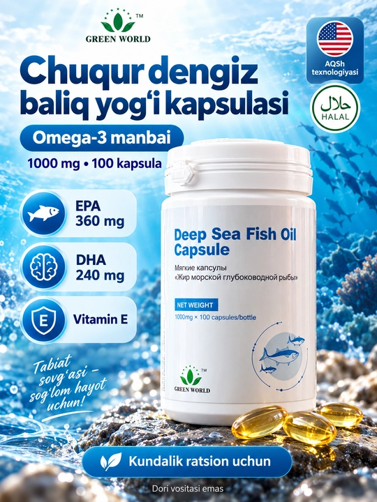 Omega-3 Green World Deep Sea Fish Oil, 1000 mg, 100 kapsula, EPA 360 mg, DHA 240 mg, vitamin E - 