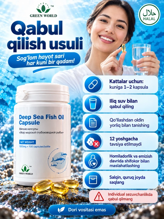 Omega-3 Green World Deep Sea Fish Oil, 1000 mg, 100 kapsula, EPA 360 mg, DHA 240 mg, vitamin E