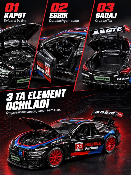 BMW M 8 model 1:24 — metall kolektsion mashina, 21 cm