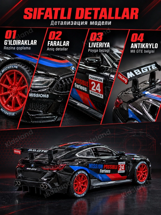 BMW M 8 model 1:24 — metall kolektsion mashina, 21 cm