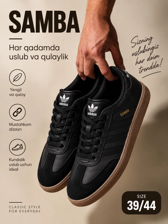 Samba unisex kundalik krossovkalar, qora rang, jigarrang taglik, 39–44 o‘lcham - 