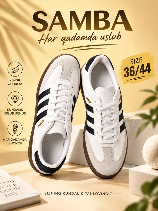 Samba unisex kundalik krossovkalar, qora rang, jigarrang taglik, 39–44 o‘lcham - 