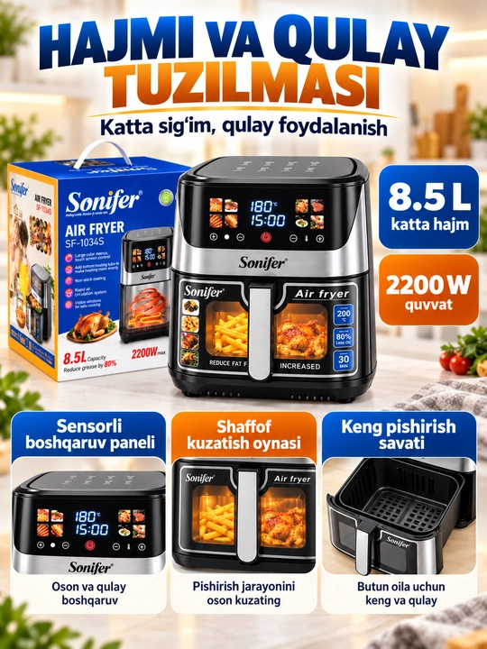 Аэрогриль Sonifer, Air Fryer фритюрница для дома с сенсорным управлением