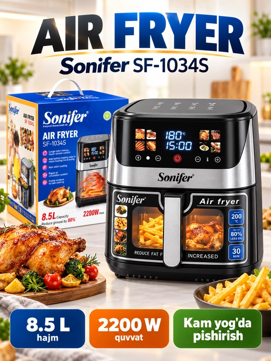 Aerogril Sonifer, air fryer friturnitsa, sensorli boshqaruvli issiq havo pishirgichi - 