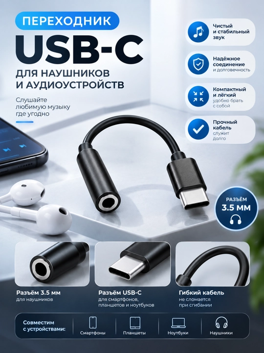 Аудиоадаптер USB Type-C на 3,5 мм Jack, переходник для наушников, чёрный - 