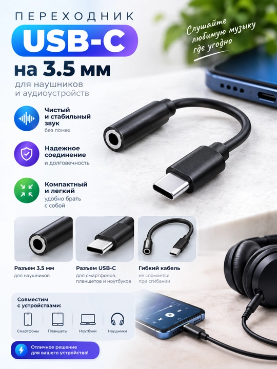 Аудиоадаптер USB Type-C на 3,5 мм Jack, переходник для наушников, чёрный
