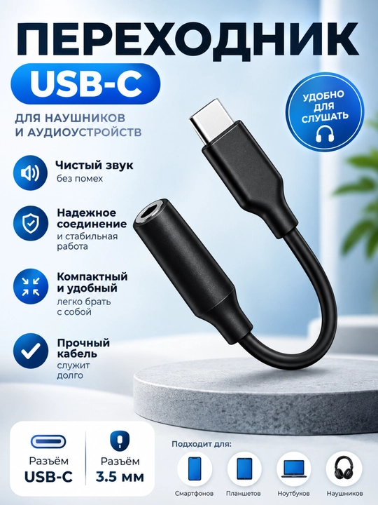 Аудиоадаптер USB Type-C на 3,5 мм Jack, переходник для наушников, чёрный