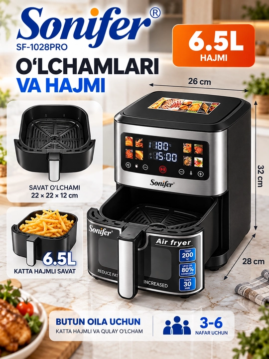 Аэрогриль Sonifer, Air Fryer фритюрница для дома с сенсорным управлением