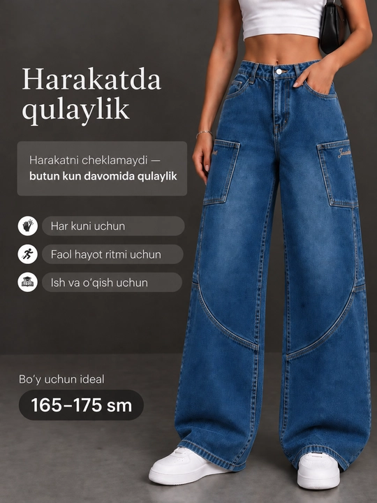 Ayollar uchun keng jinsi shim, baggy, oversayz, to‘g‘ri keng bichim, Y2K, SK8