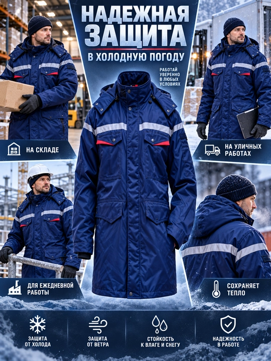 Issiq ish kurtkasi reflektorli chiziqlar bilan,qishki maxsus kiyim, qurilish va ombor uchun - 