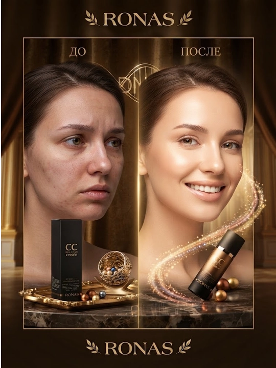 Teri rangiga moslanadigan, rangni o‘zgartiruvchi Ronas CC kremi, SPF 34/PA, 50 ml